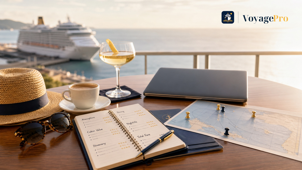 Two adults reviewing cruise itinerary notes at a table before booking a trip.