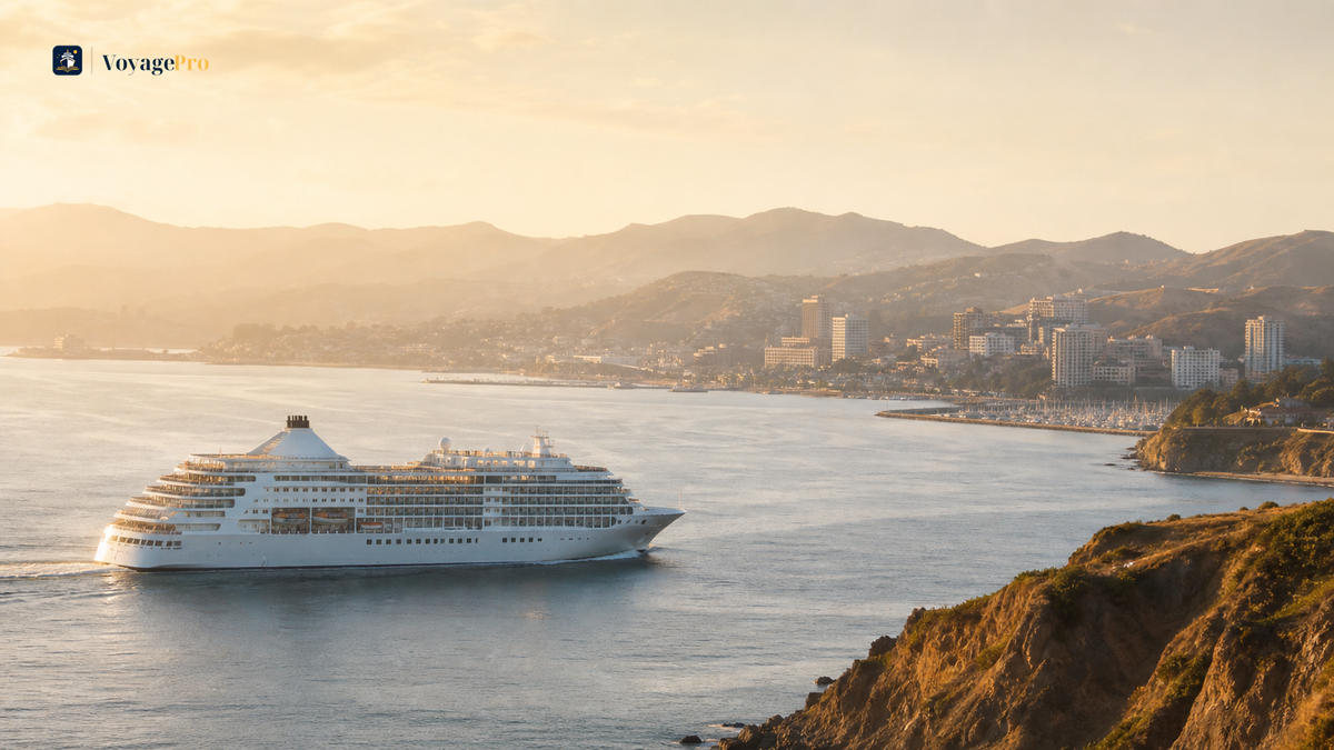 Cruise ship sailing beside a hazy California coastline and city waterfront