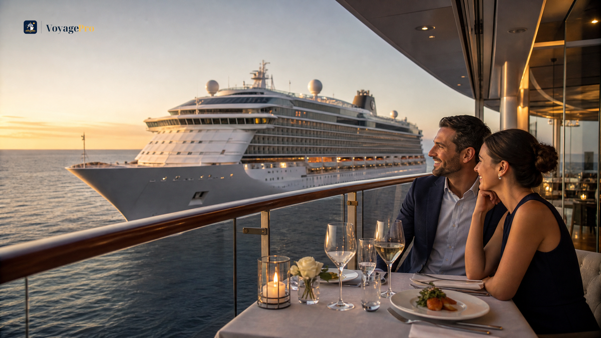 Cruise passengers arriving for dinner in a ship's main dining room