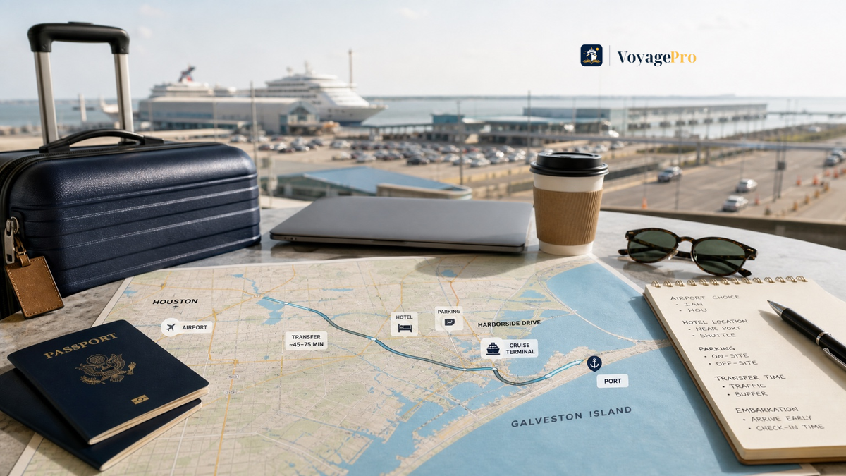 Galveston cruise planning setup with a Houston-to-Galveston map, airport transfer notes, luggage, passport, and cruise ship in the background