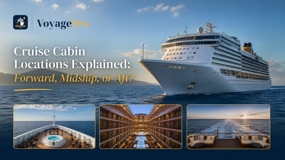 VoyagePro guide graphic comparing forward, midship, and aft cruise cabin locations