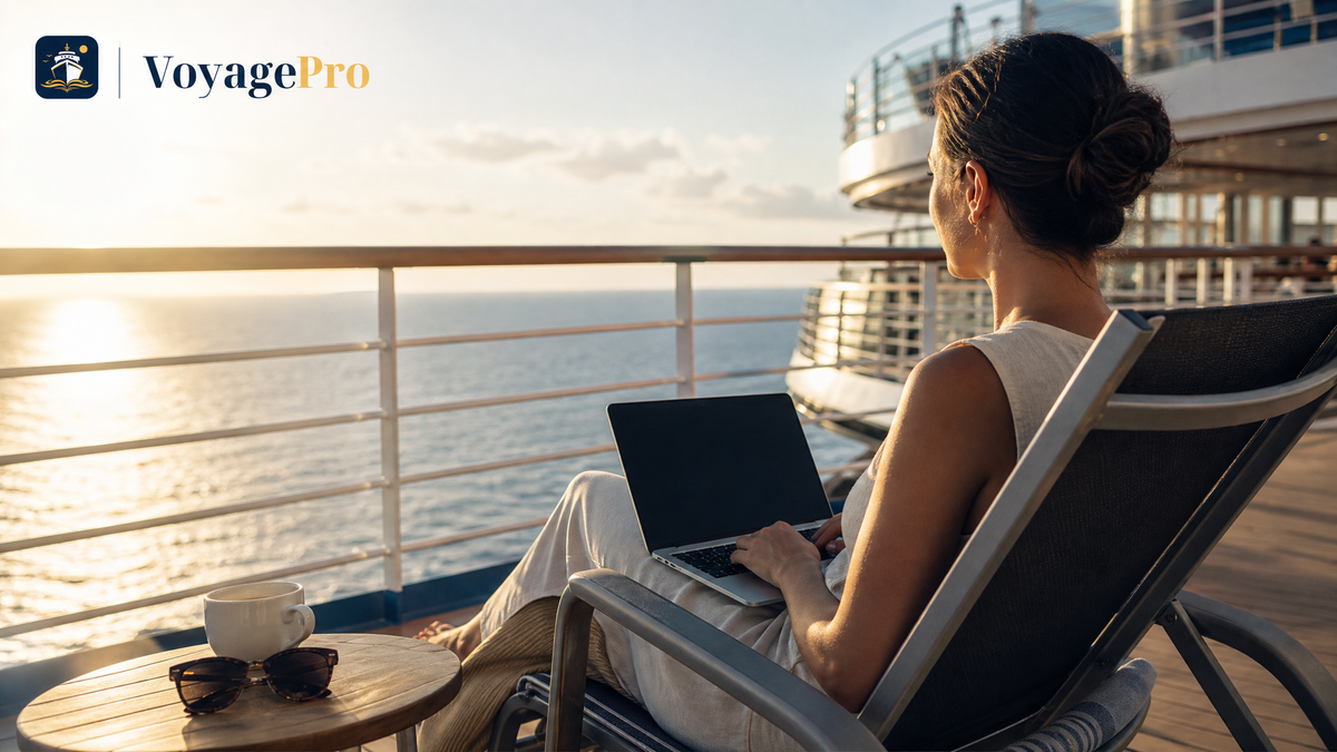 Cruise traveler reviewing internet package details on a phone beside a ship balcony window
