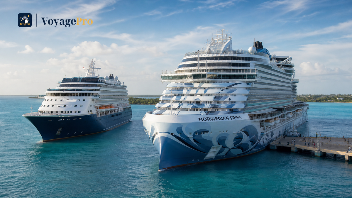 A large modern cruise ship and a smaller mid-size cruise ship near a Caribbean port