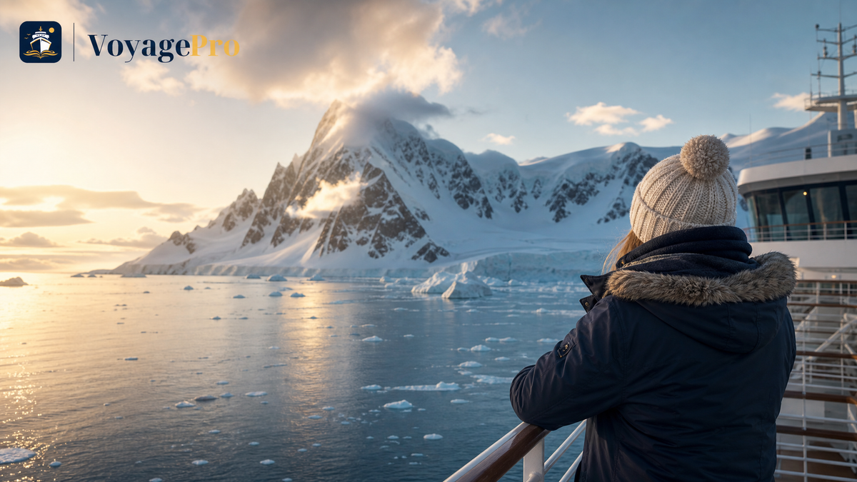 Small expedition cruise vessel sailing among Antarctic icebergs