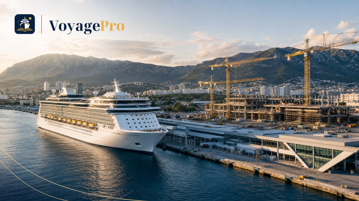 Cruise ship at a waterfront terminal representing VoyagePro’s worldwide cruise port guide expansion.
