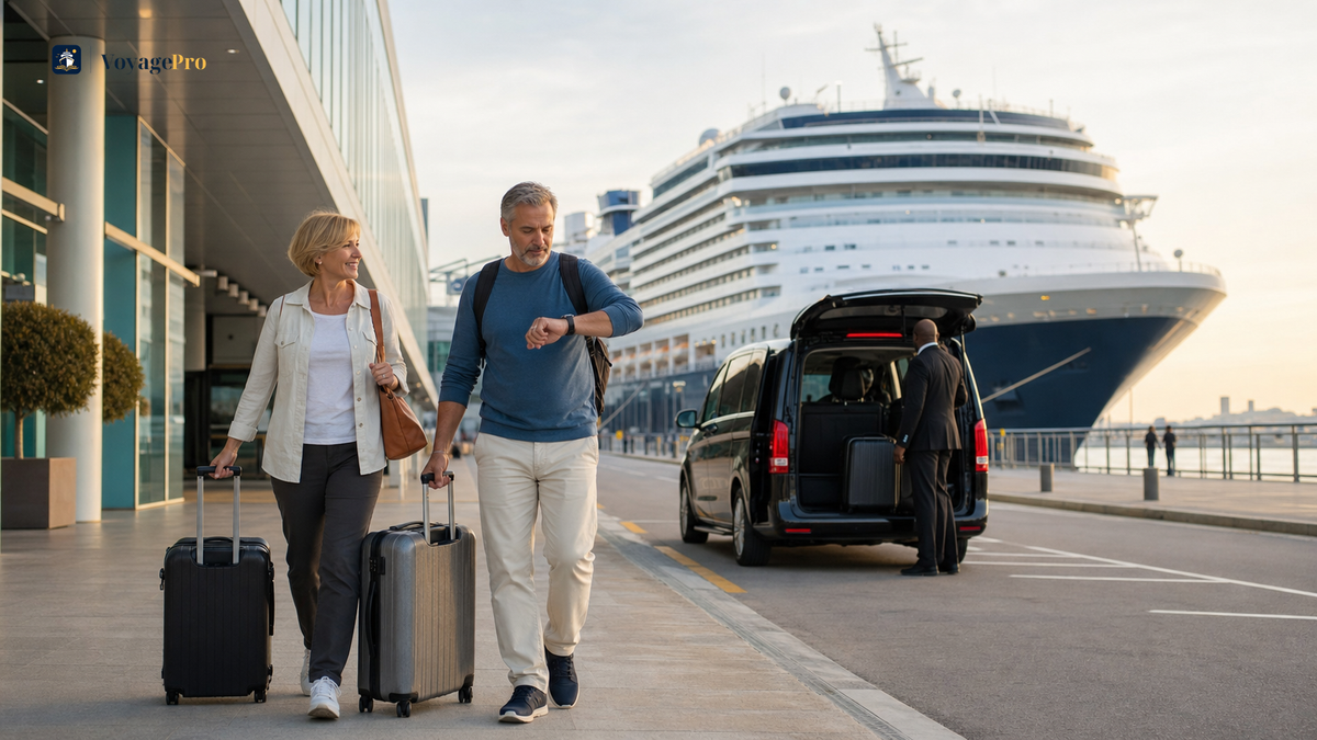 Cruise travelers leaving the terminal with luggage for their post-cruise airport transfer