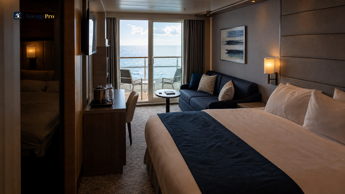 Cruise cabin interior showing the practical difference that natural light and a balcony can make