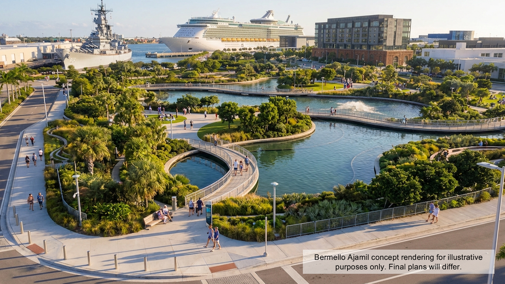 Concept rendering of a possible east cruise complex between Terminals 10 and 16 at the Port of Galveston.
